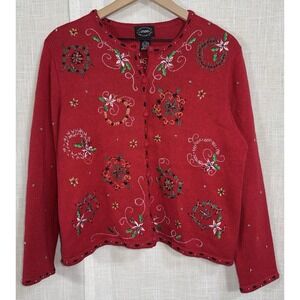 Designers Studio Originals Women's PL L Red Cardigan Christmas Sweater Wreaths